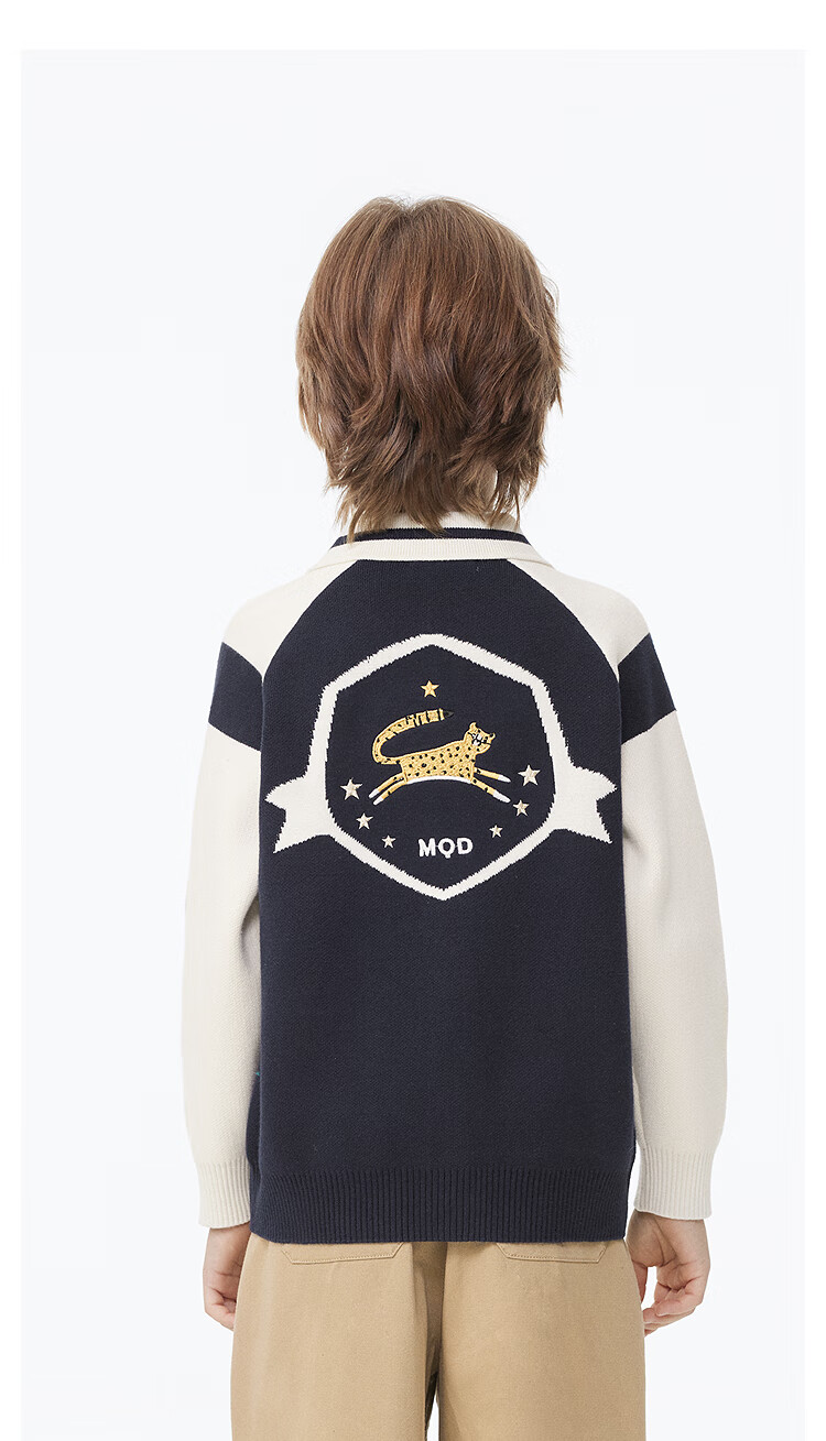 MQD Boys' Sweater, Spring And Autumn Style, Turn-Down Collar, Preppy Style, Children's Knitted Cardigan, Navy Blue, Size 110 13