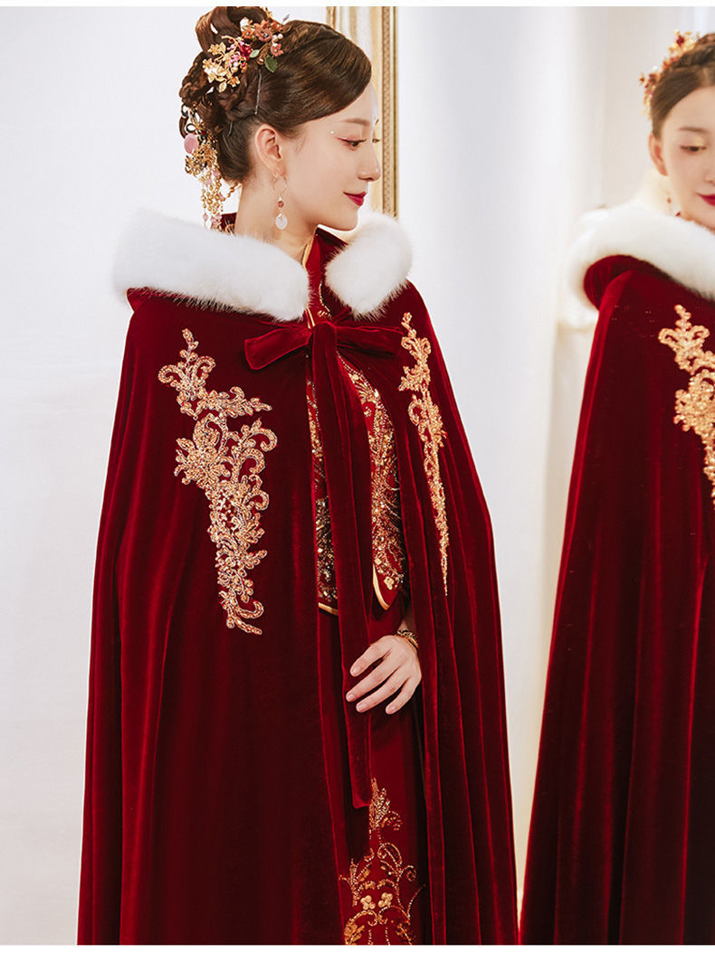 玺柠2020秀禾服披风红色冬季新款新娘中式婚礼毛披肩斗篷保暖加厚毛领