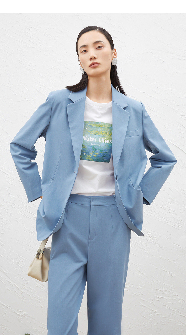 商场同款mm麦檬2022春季新款天丝羊毛雾霾蓝西装外套女 雾霾蓝上衣 5d