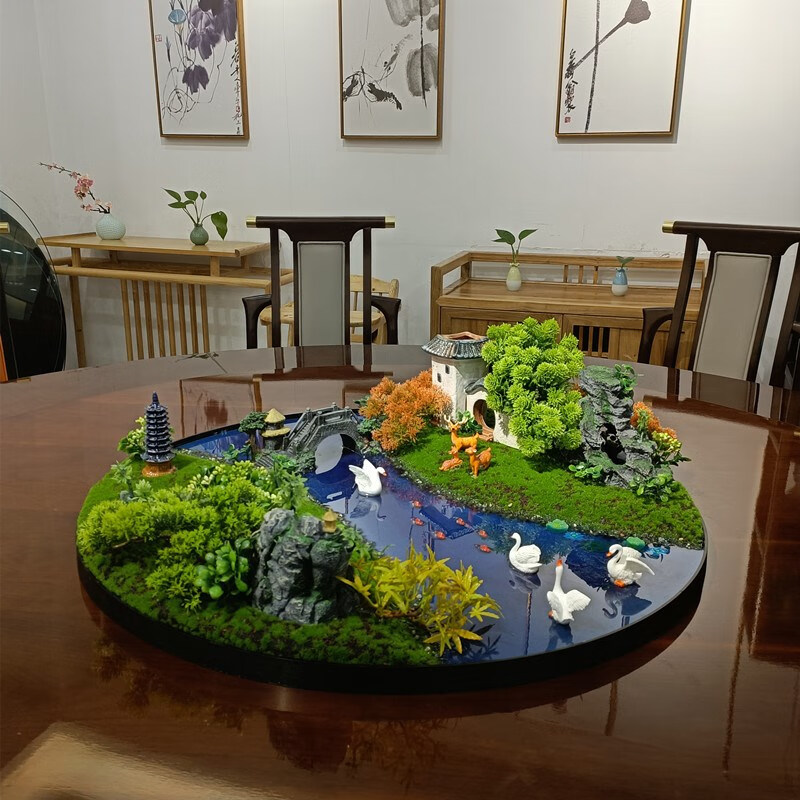 摆件电动转盘盆景工艺品微缩景观圆形转盘花 60cm双桥小城【图片 价格