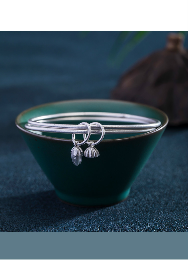 【两世欢】银手镯双圈女古风汉服莲蓬荷花镯子民族风银饰送女友