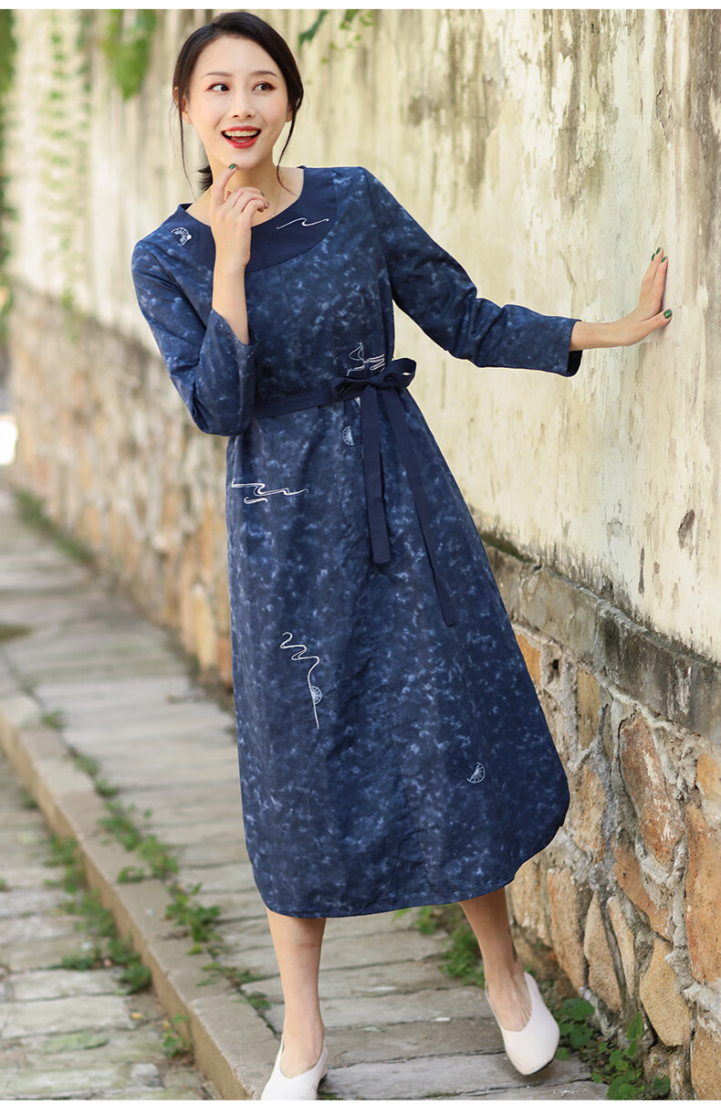 布符秋季新款原创简约腰带拼接休闲时尚洋气流行圆领连衣裙女蓝色xl