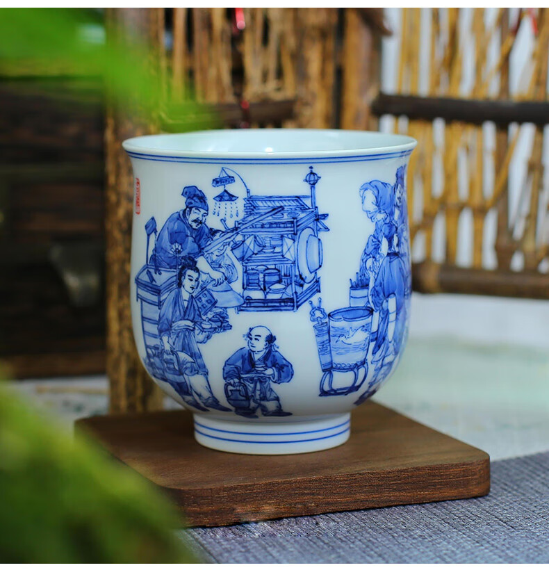 凯斯唯嘉 景德镇青花陶瓷主人杯名家画师徐胜贵手绘斗茶图九段烧品茗