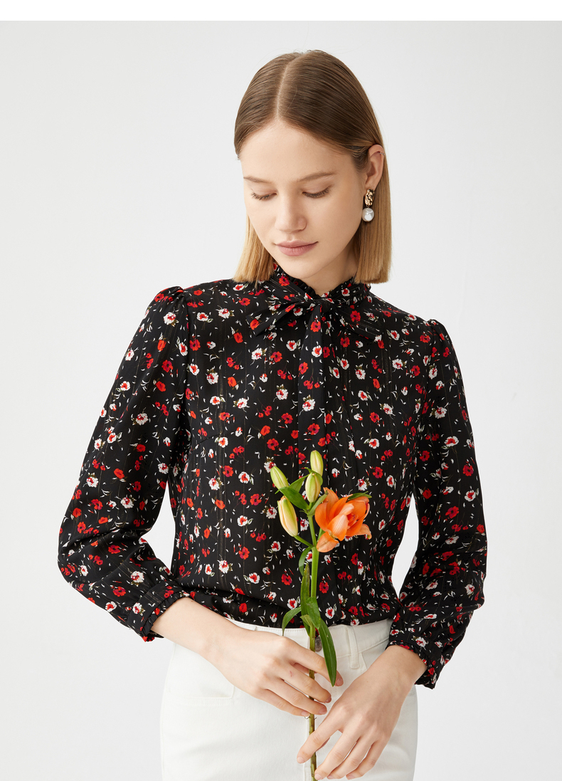 juzui/玖姿官方店2021春季新款立领碎花气质雪纺长袖女衬衫 花黑 l