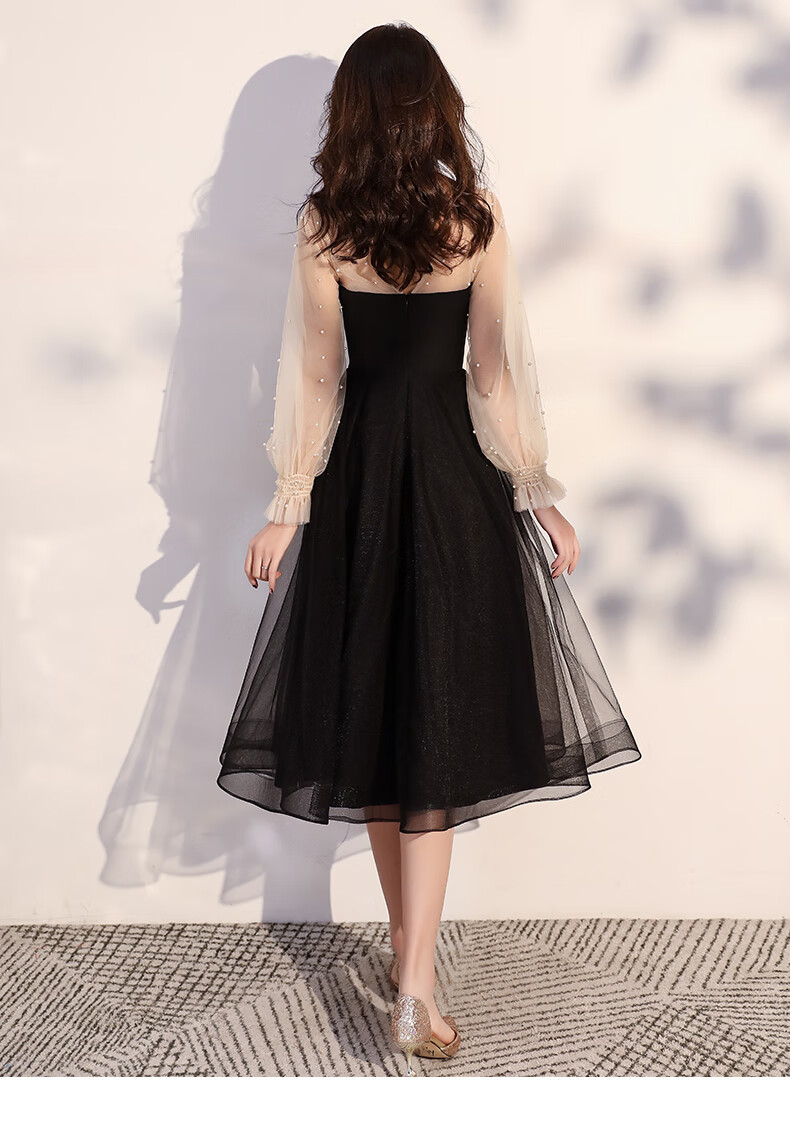 蓬蓬裙黑色晚礼服女宴会气质平时可穿名媛小个子秋冬法式生日连衣裙