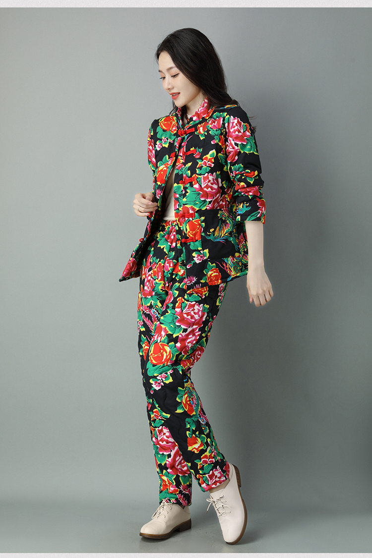 品牌同款网红东北大花布衣服棉衣棉裤套装冬加厚盘扣民族风棉袄夹棉两