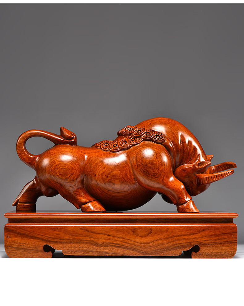 花梨木黑檀木雕牛摆件牛气冲天实木雕刻红木家居工艺品十二生肖牛送礼