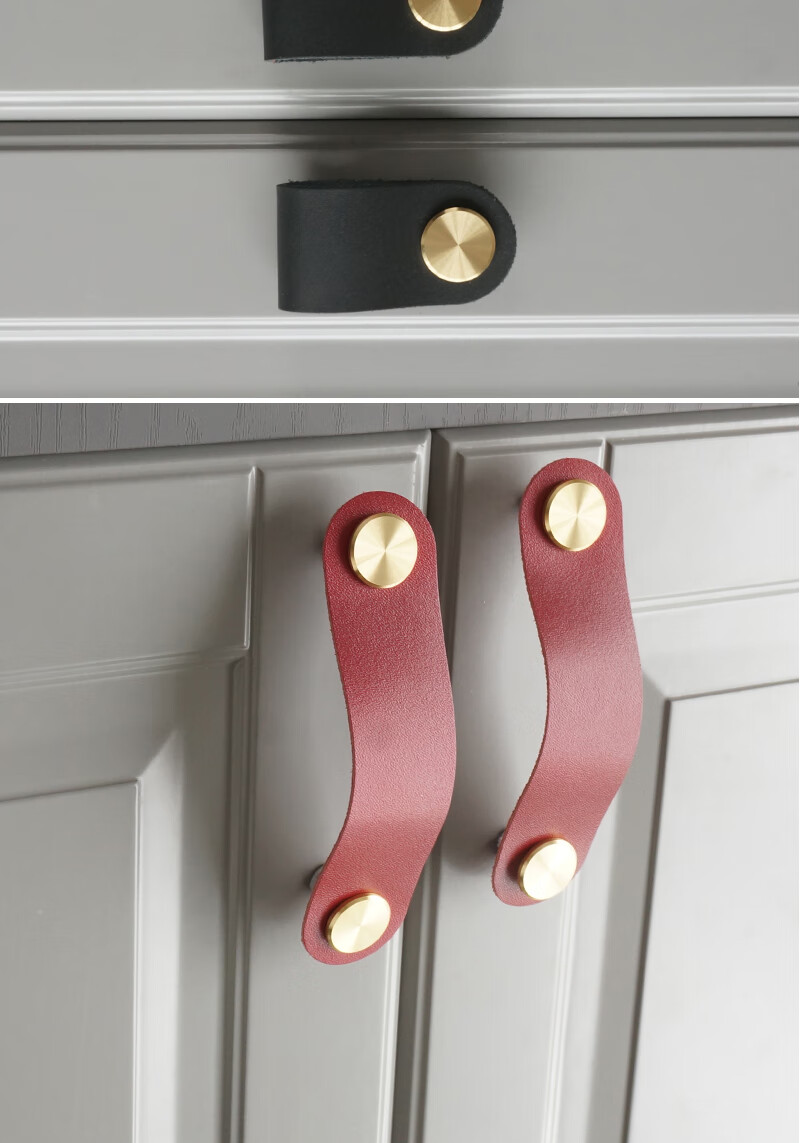 黄铜真牛皮拉手北欧榻榻米衣柜门抽屉头层皮拉手皮质把手撞 草绿色铜