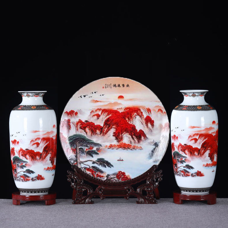 景德镇陶瓷器鸿运当头三件套花瓶装饰品摆件客厅新中式家居工艺品鸿运
