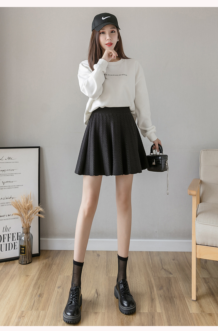 2020秋冬麻花针织半身裙女高腰遮胯中长款半身裙 黑色 均码