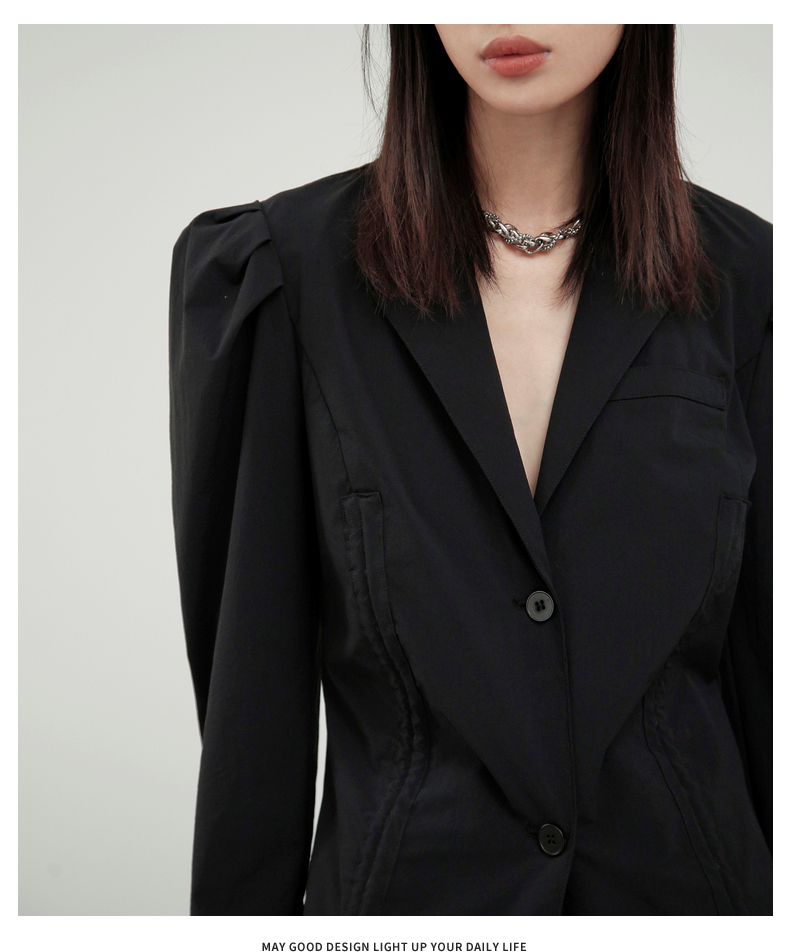 icyxzero32022春季新款泡泡袖抽绳褶皱收腰西装外套黑色s