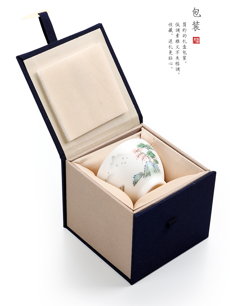 钰铨龙门 白瓷茶杯 德化羊脂玉手绘山水主人杯大号不烫手功夫茶具陶瓷