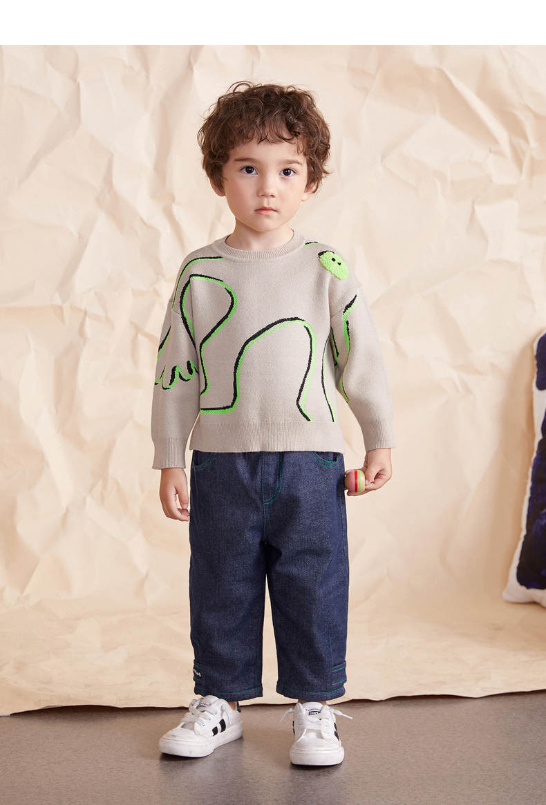 马拉丁童装小童毛衣2020冬季新款男女童小怪物提花套头圆领线衫 米色