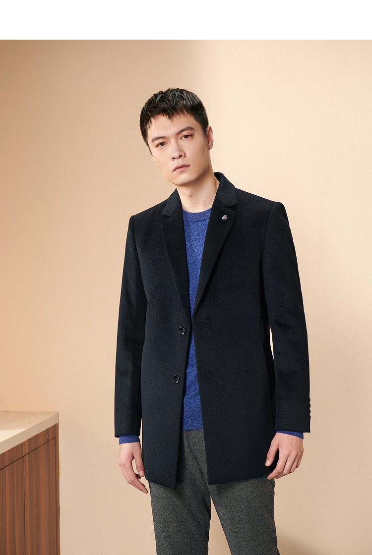 【预售】hla海澜之家隐约条纹西装领羊毛大衣2020冬季单排扣中长款