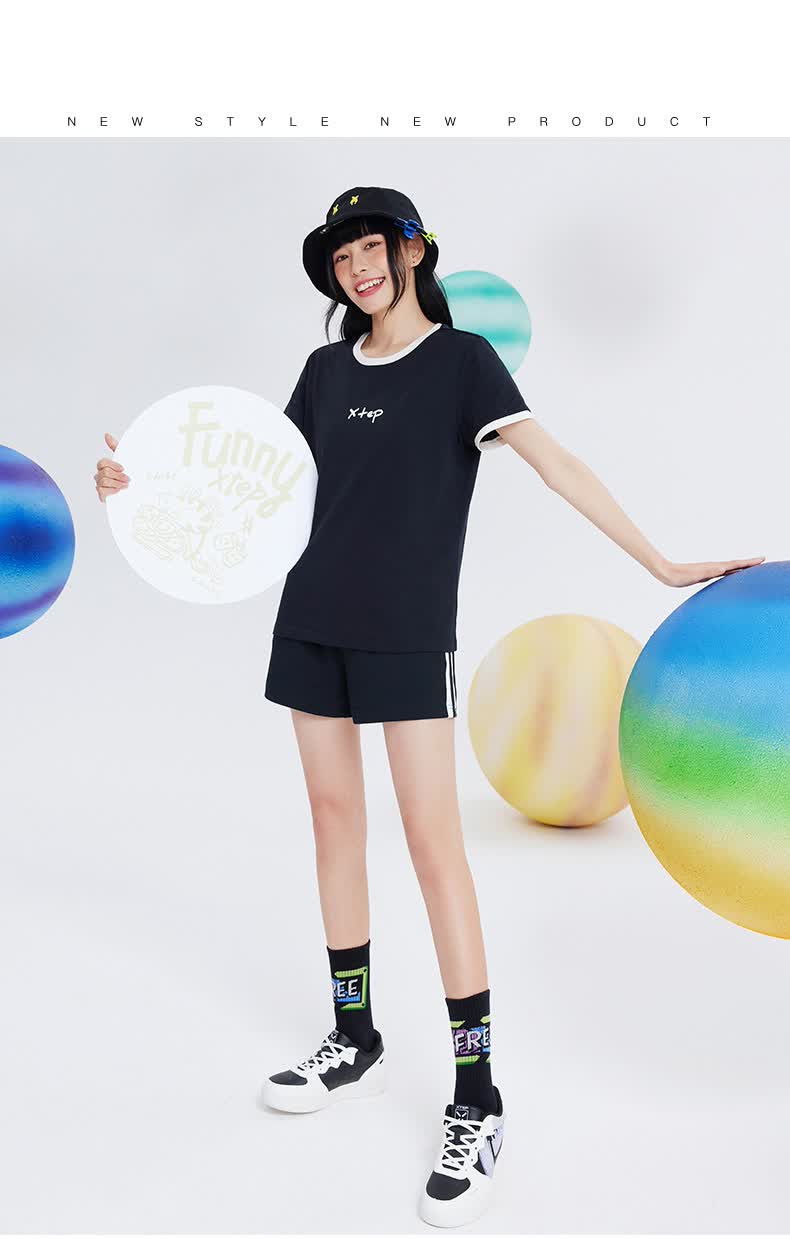 特步休闲套装女2022夏季新款女装运动服短袖短裤二件套运动套装棉花白