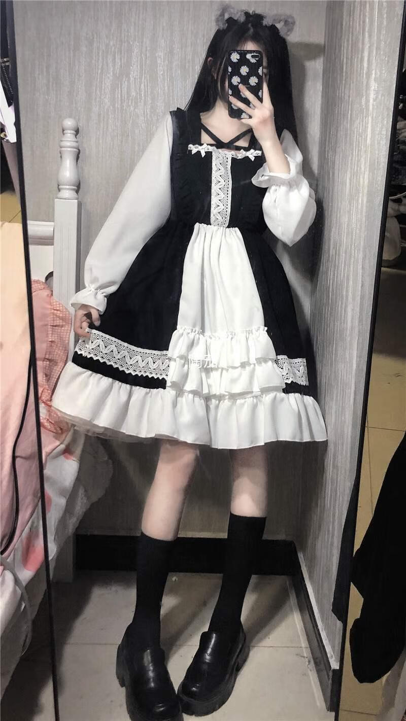 陶茄洛丽塔裙子成人中长裙大人日系软妹可爱木耳边撞色拼接宽松长袖