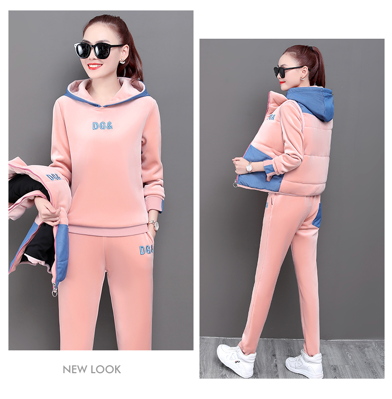 运动套装秋冬女2020新款保暖修身跑步休闲时尚运动服三件套潮 粉色 m
