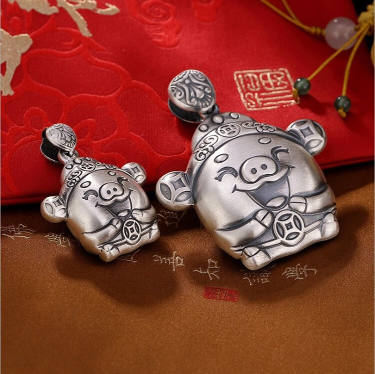 卡通小猪银吊坠女 吊坠银坠子复古如意福气猪吊坠妈妈女友 七夕礼物