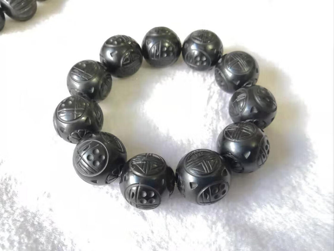 默奢抚顺天然煤精手串纯手工雕刻刻花福禄寿原矿14毫米