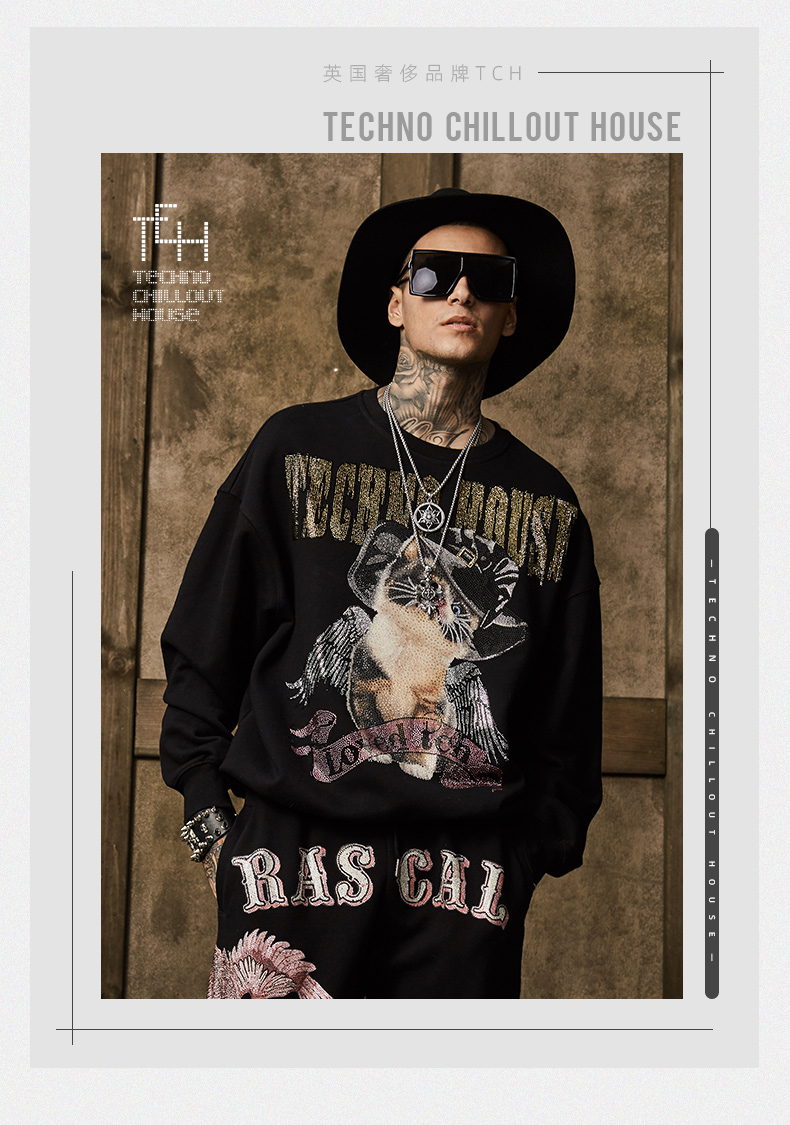 商场同款tch轻奢潮牌大c礼帽猫咪翅膀烫钻休闲卫衣男女同款t201116022