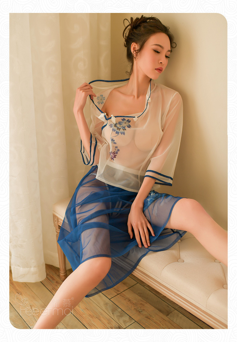 霏慕情趣内衣网纱透视民国 装性感制服诱惑激情套装复古女 白 蓝