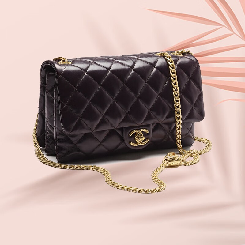 chanel 香奈儿女包链条单肩包深棕色羊皮口盖包日常通勤百搭 深棕色