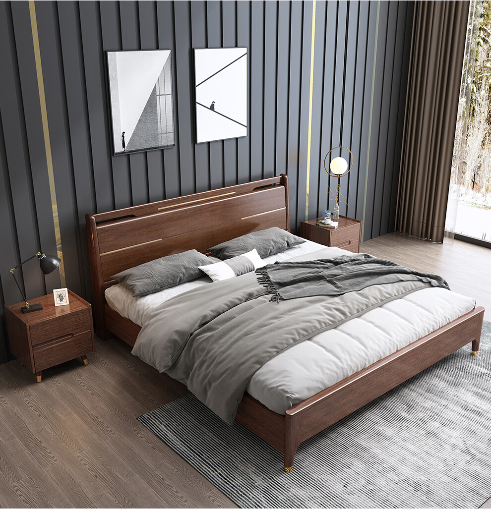 木栾北欧轻奢胡桃木实木床现代经济型1.5米1.