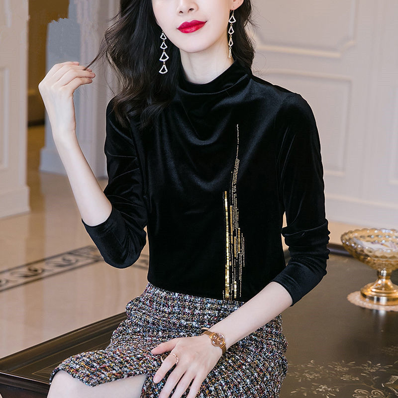 黑色金丝绒上衣女秋季新款时尚钉珠弹力长袖洋气半高领打底衫黑色加绒