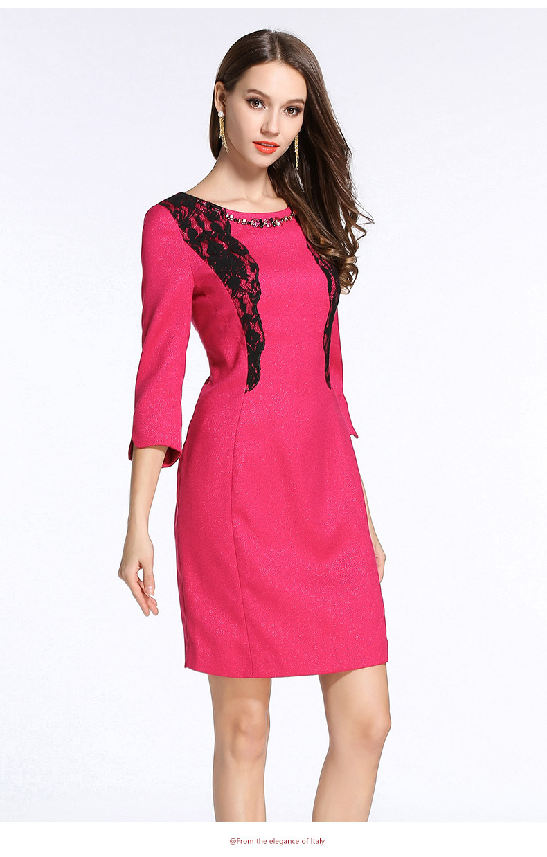 gowani乔万尼秋季清仓专柜红装红蕾丝拼接钉珠中长款修身连衣裙玫红m