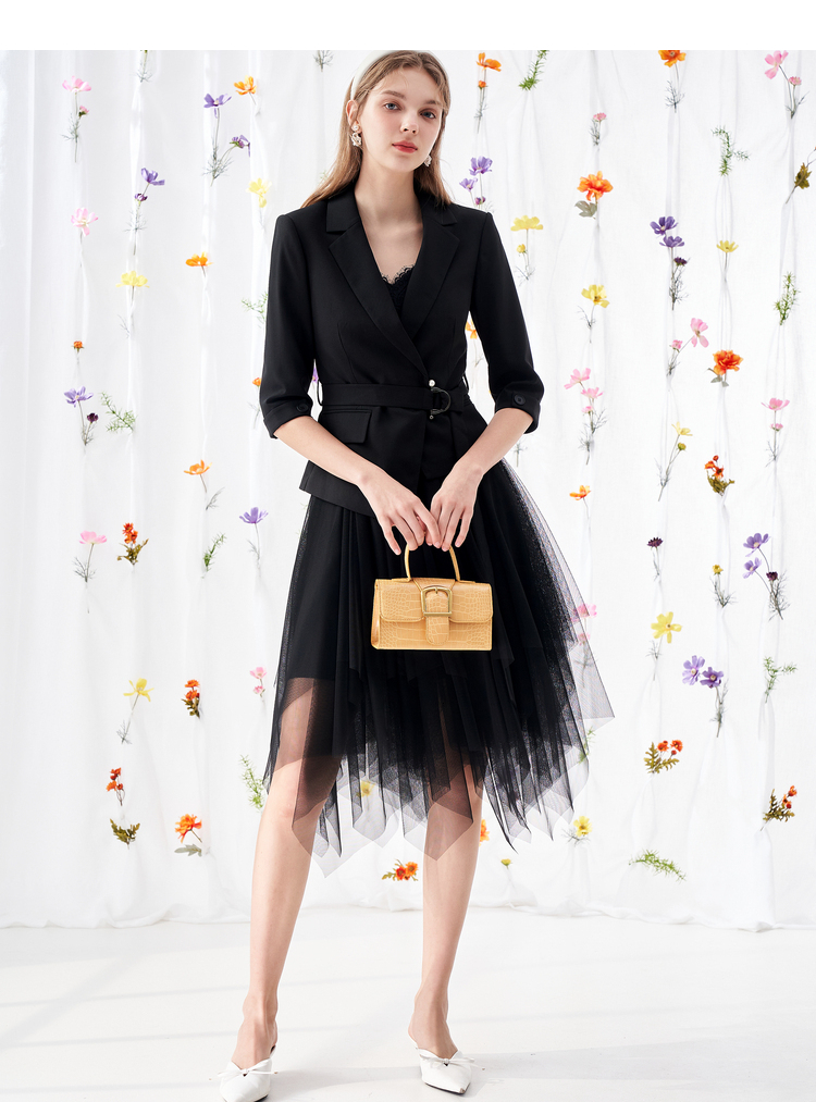 时尚套装佳人苑2021春装新款西装料外套 百褶连衣裙两件套 冷灰色 s