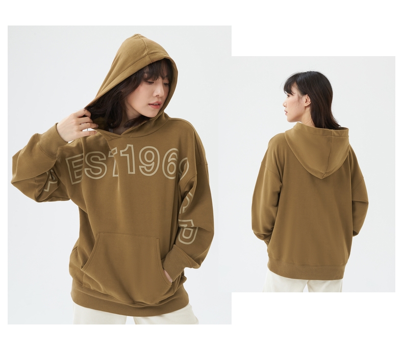 女装logo印花宽松连帽卫衣738834秋冬款慵懒休闲撞色运动上衣 浅棕色