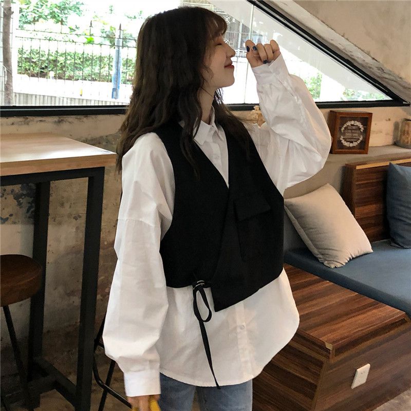 马甲衬衫两件套女马甲衬衫女设计感小众黑色背心新款外搭叠穿坎肩两件