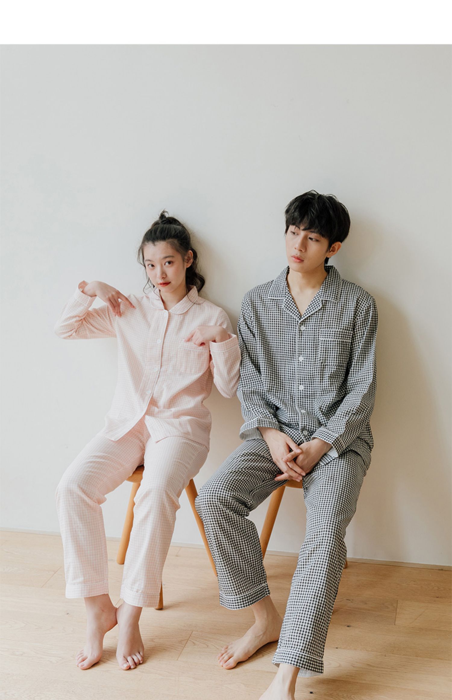 睡衣出口日本春秋薄款情侣睡衣纯棉纱布男女士开衫休闲全棉家居服套装