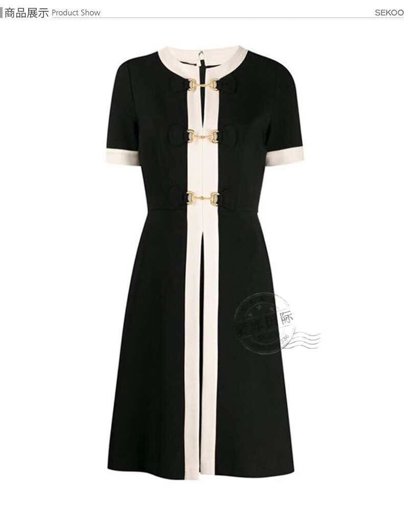 古驰gucci女式圆领马衔扣收腰连衣裙604893xjbyn1032黑色m