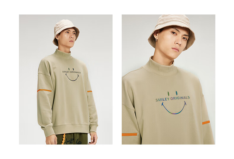 smiley笑脸半高领卫衣2022春季男女纯棉宽松休闲情侣撞色套头上衣藏青