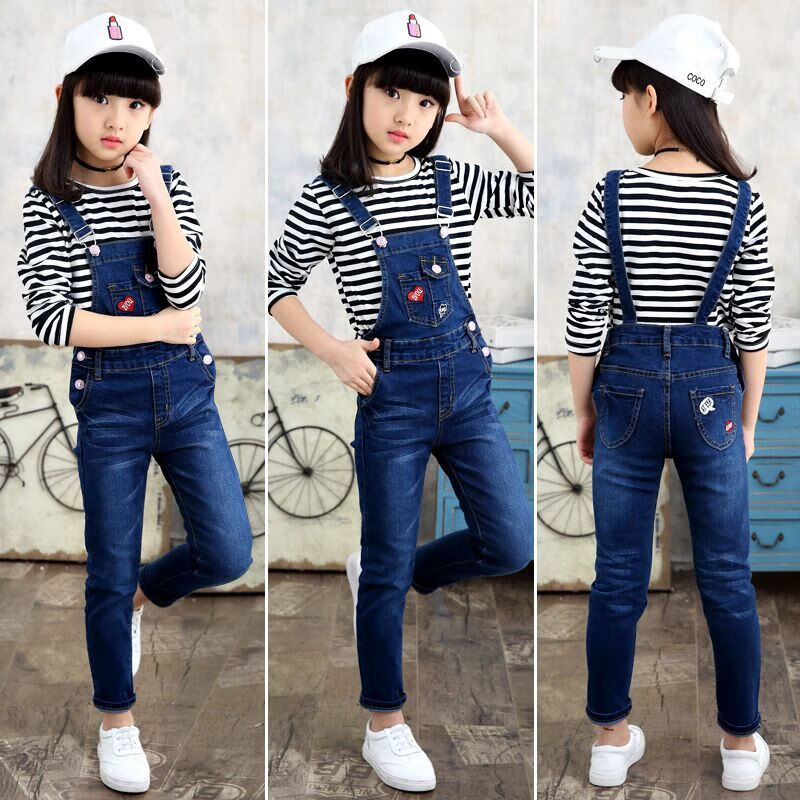 霖蒂欧女童牛仔背带裤春秋儿童吊带裤女9-12岁中大童女孩中小学生长裤