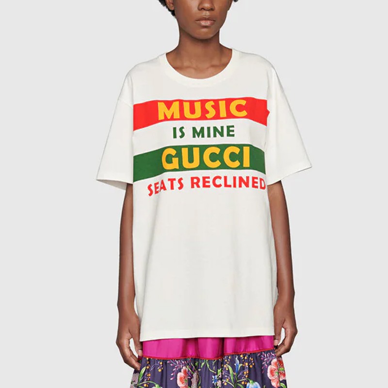 gucci古驰t恤新款女士logo印花休闲t恤圆领短袖上衣米白色xs