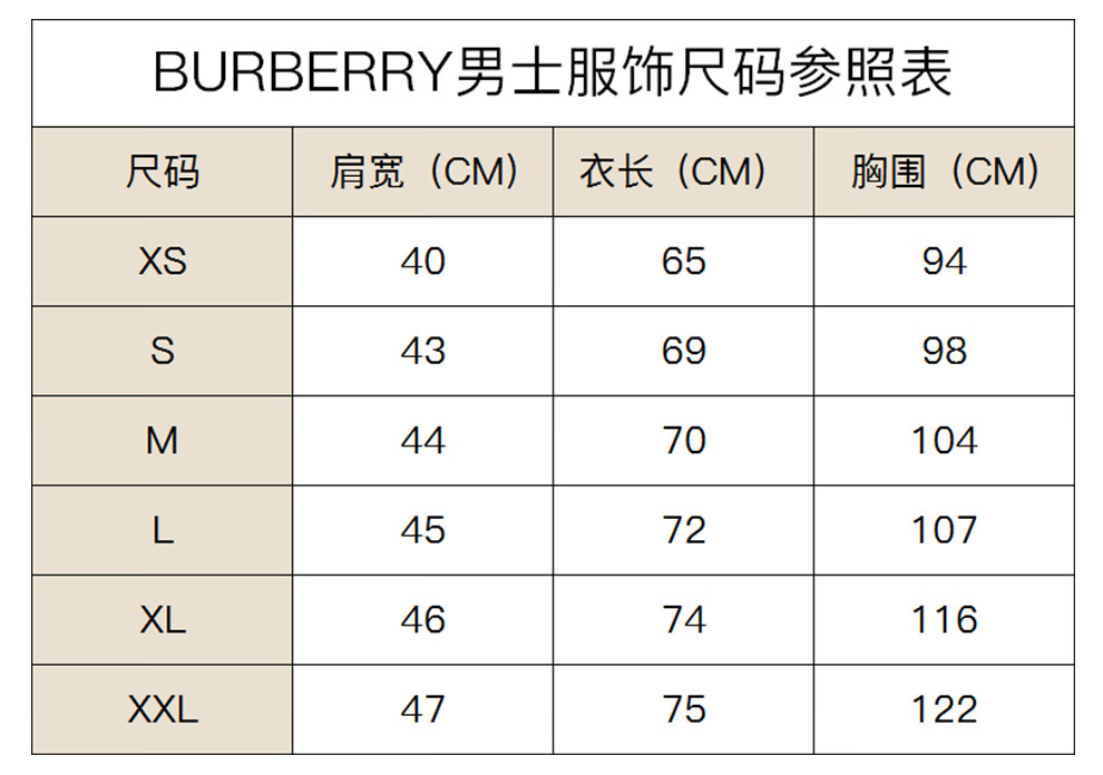 burberry短袖尺码表图片