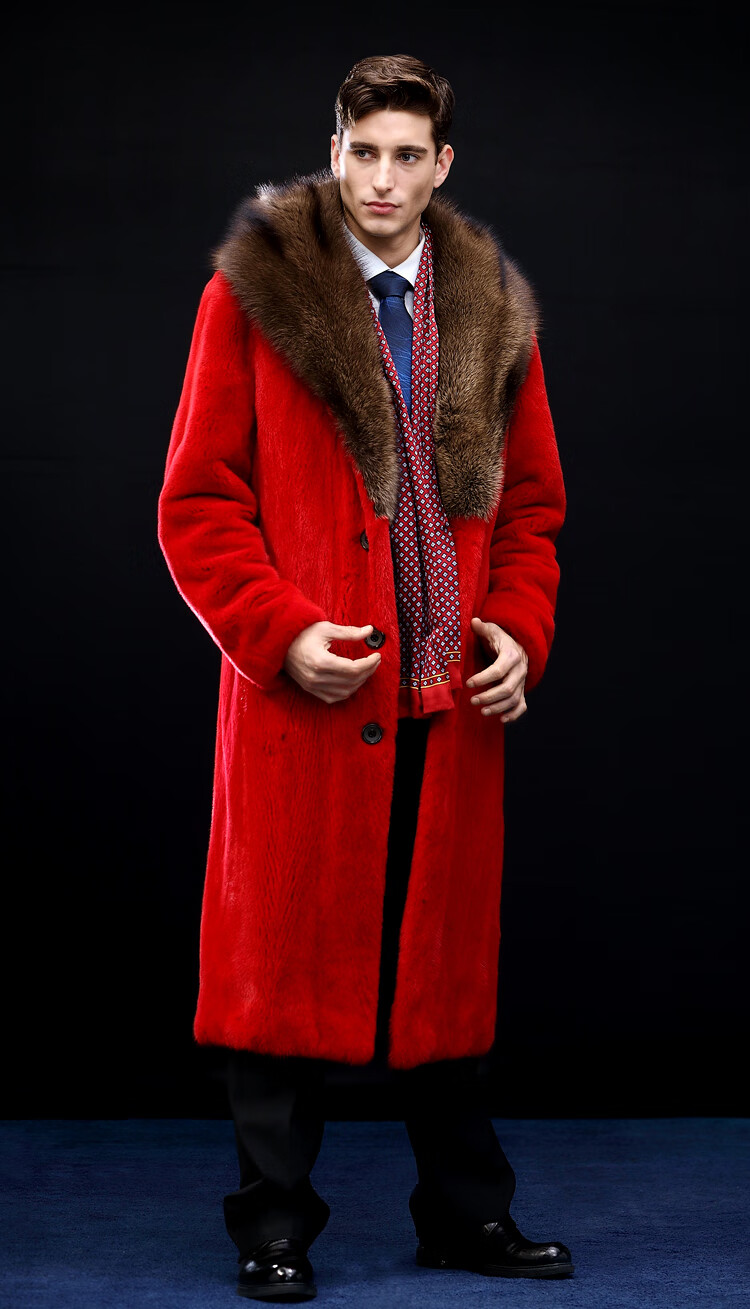 七匹狼宝嘉美貂皮整貂皮大衣男进口宝嘉美天鹅绒渔貂毛披肩帽中国红