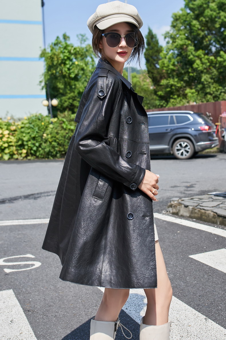 海宁皮革城皮衣女真皮风衣新款春秋绵羊皮衣海宁女中长草外套修身型春