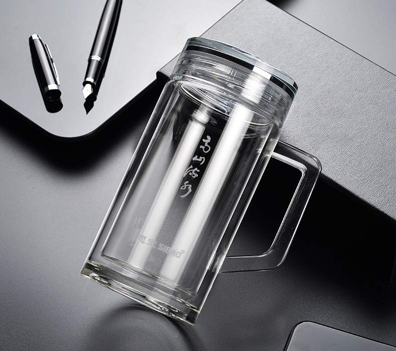 思宝玻璃杯高山流水双层水晶杯茶杯男士女士商务车载带盖透明泡茶水杯