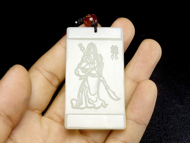 kk宝钰男士霸气关羽玉牌玉坠玉石项链玉制方牌玉佩雕刻玉器工艺品和田