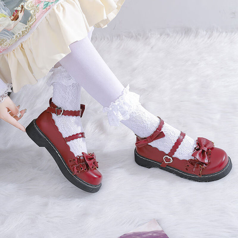 梅露露洛丽塔日系可爱lolita女学生高跟果泡甜心圆头 酒红色a款 39