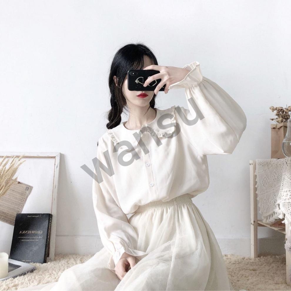 晚苏百搭长袖日系衬衫软妹可爱少女学生韩版宽松娃娃领内搭上衣白色m