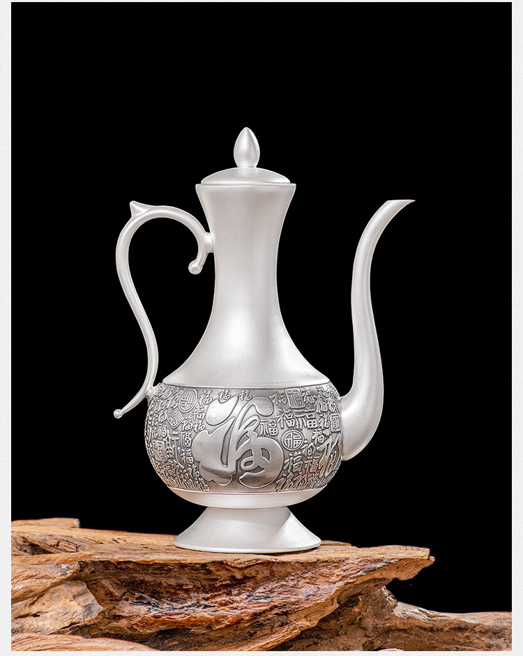 归银堂酒具套装银酒壶999纯银家用百福酒具银白酒杯套装银器工艺品