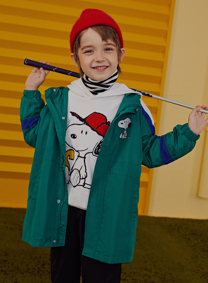 史努比联名gxgkids童装男童风衣2020秋季新款撞色连帽外套休闲潮 绿色