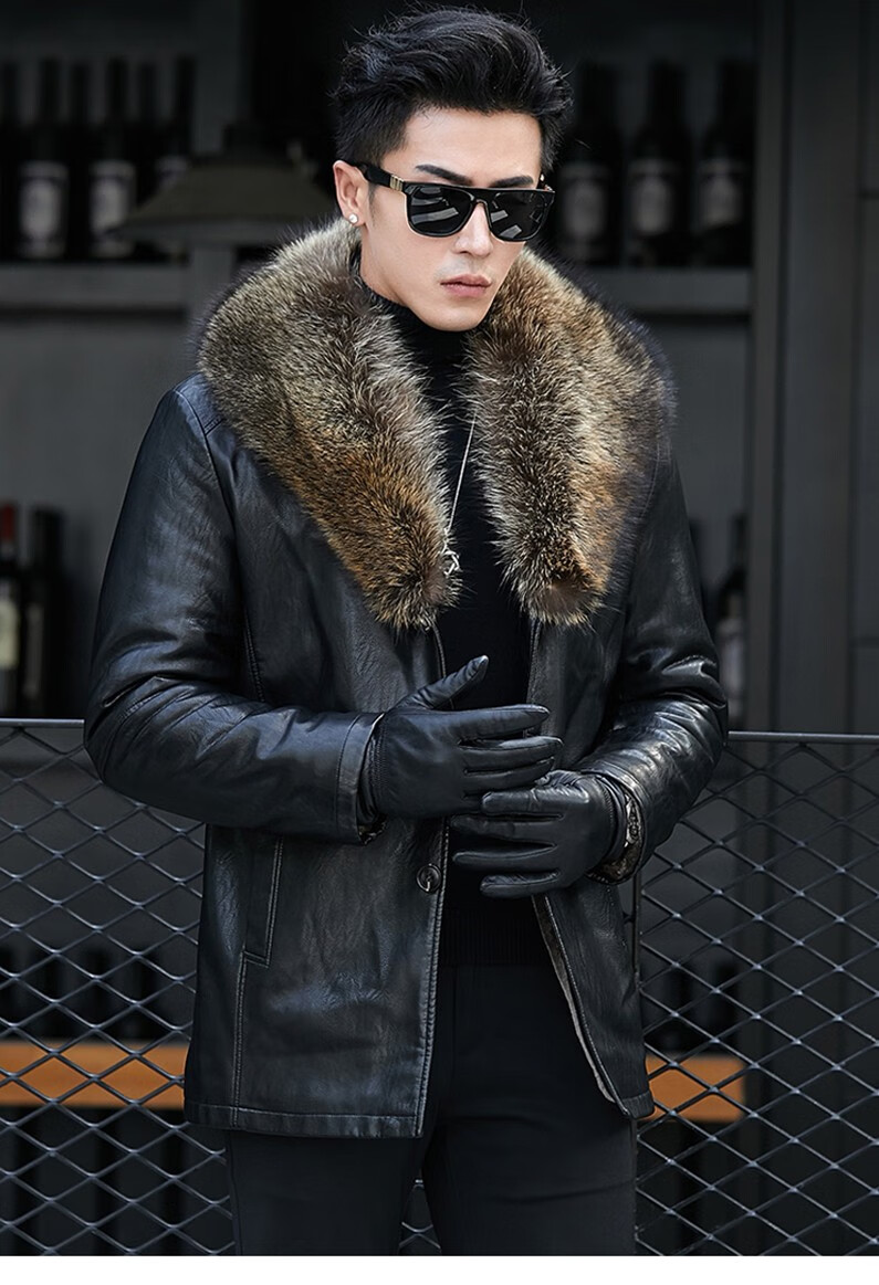 海宁真皮皮衣男冬款大码貉子毛领青年皮毛一体男装皮草真皮派克服男皮