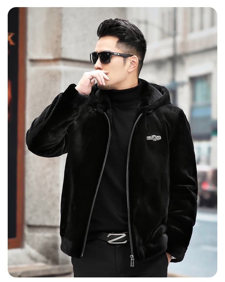 男士连帽短款休闲海豹毛夹克皮毛一体皮草整貂裘皮皮草时尚外套黑色