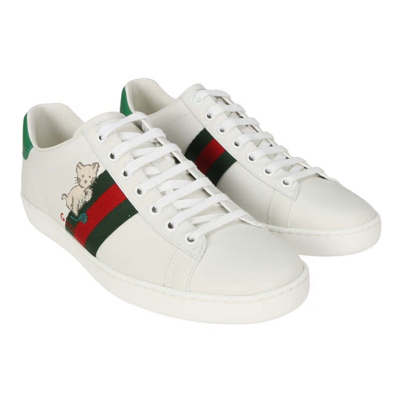 gucci 古驰/女士ace系列小白鞋小猫咪小猪刺绣皮革运动鞋 白色/绿尾