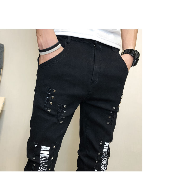 牛仔裤男2021春季新款韩版修身潮牌铆钉百搭弹力小脚裤社会精神小伙网